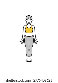 A flat vector illustration of a young woman in a yellow sports bra and grey leggings performing the Tadasana or Mountain Pose, isolated on a white background for wellness and fitness design.