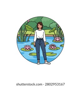 A flat vector illustration of a young woman with short brown hair wearing a white shirt and blue jeans, standing in front of a scenic pond filled with pink lotus flowers and green lily pads. The scene is enclosed in a circular frame with a background of lush green foliage and bushes.