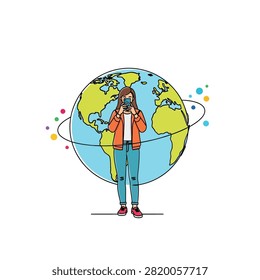 A flat vector illustration of a young woman standing in front of a large globe while holding a smartphone to her face. The image features a clean line art style with vibrant colors, symbolizing global connectivity, social media influence, and digital communication. Colorful orbital dots circle the globe, emphasizing a networked world and the reach of modern technology.