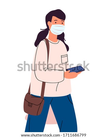 Flat vector illustration of young woman in face medical mask holding smartphone in hands. Respiratory protection from virus. Bacterias at phone. Viral pandemic, protection against infection