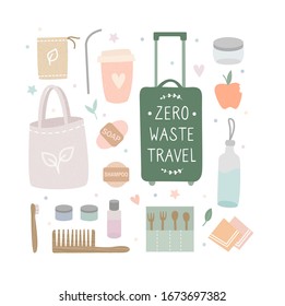 Flat vector illustration of Zero Waste travel pack list. Eco friendly lifestyle. Ecological, recycle and reused, no plastic and go green collection of objects.