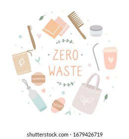 Flat vector illustration of Zero Waste products. Eco-friendly lifestyle pattern. Ecological, recycle and reused, no plastic and go green collection of objects.