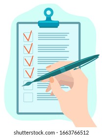 Flat vector illustration.Check list and hand with a fountain pen.You can use it as a design element.