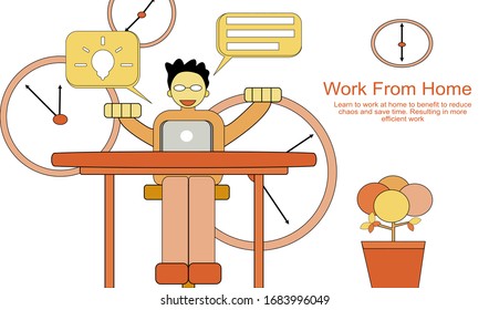 Flat vector  illustration.Concept work from home. Working at home will save time and have fun like being at home. On a isolated white background