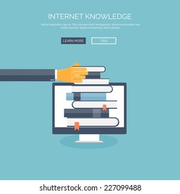 Flat vector illustration.Hand and books. Study and learning concept background. Distance education, brainstorm and knowledge growth,school and university subjects.Success and smart ideas, skills up. 