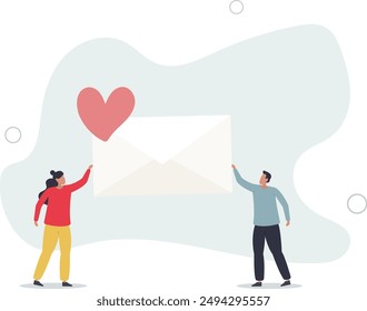 flat vector illustration.Happy characters celebrating . Couple of lovers holdings love letter.flat design.illustration with people.