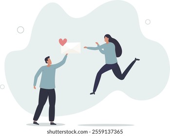 flat vector illustration.Happy characters celebrating . Couple of lovers holdings love letter.flat characters.