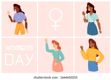 Flat vector illustration.Holidays concept.Vector on abstract background. Youth lifestyle. Women's Day. Diverse women.Races. Vitiligo. International Women's Day. Female Characters collection. Banner.