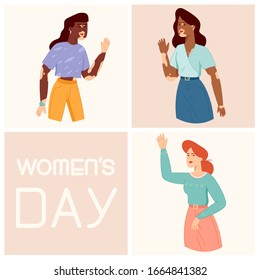 Flat vector illustration.Holidays concept.Vector on abstract background. Youth lifestyle. Women's Day. Diverse women.Races. Vitiligo. International Women's Day. Female Characters collection. Banner.