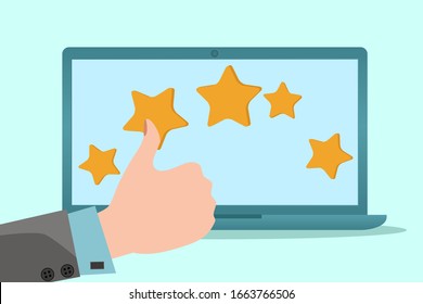 Flat vector illustration.Human hand showing class.in the background, a laptop with the app's rating rating.