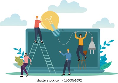 Flat vector illustration.Office workers near the laptop are developing new ideas.The concept of searching for ideas, brainstorming, and joint project development.