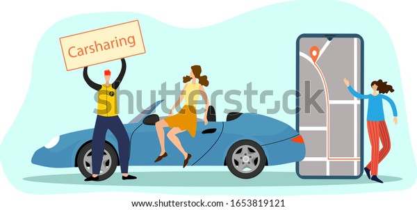 Flat vector illustration.People advertise the\
cardsharing service.The concept of online car rental can be used\
for posters, banners and web\
sites.