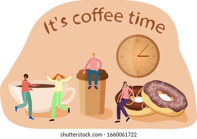 Flat vector illustration.People enjoy a coffee break.The concept of coffee is there.In the background, a clock and the inscription It's coffee time.