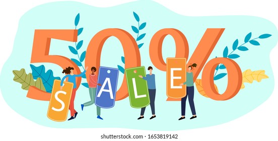 Ilustración vectorial plana.Las personas sostienen carteles de la venta.En segundo plano, un gran descuento.