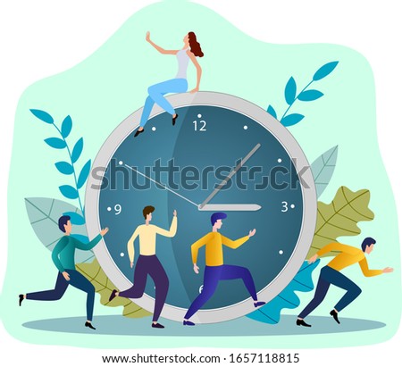 Flat vector illustration.People are running near the big clock.The concept of workflow management, people are in a hurry to get everything done and save time.