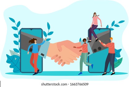 Flat vector illustration.People sign a contract with each other using an online connection.The concept of online negotiation.