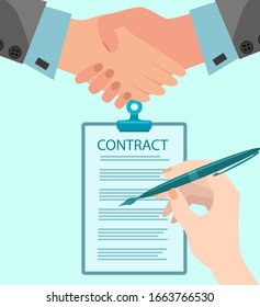 Ilustración vectorial plana.Personas que firman un contrato.La imagen contiene manos que hacen un apretón de manos y una mano que firma un documento.Puede utilizarla para un afiche, un banner o un sitio Web.