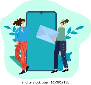 Flat vector illustration.People write letters with the help of a smartphone.Concept of modern communication technologies and social networks.