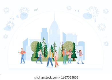 Flat vector illustration.Protected from viruses and diseases.Young people in the city wearing medical face masks.Preventing an epidemic.Protection against pollution, infection.Modern city.glass dome 