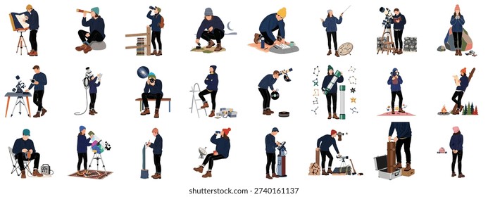 Flat vector illustrations of amateur astronomers and stargazers engaging in celestial observation, including telescope setup, mapping, research, and outdoor activities.