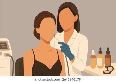 Flat vector illustrations beautiful woman with glowing skin gets facial by dermatologist in modern salon. Fashion model look, elegant hair, skincare, and beauty tools highlight luxury and self-care.