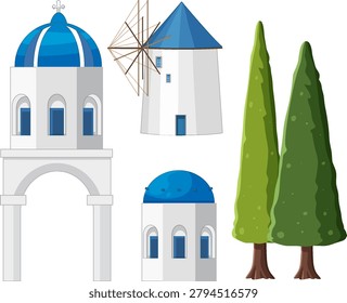 Flat vector illustrations of blue domed buildings, a windmill, and cypress trees on white.