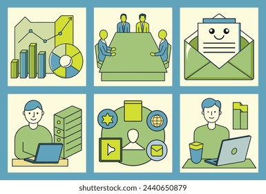 Flat Vector Illustrations of Business and Marketing Concepts, Analytics, Planning, Marketing Research, Work Communication, and Goal Setting. People Launching Projects and Studying Reports.