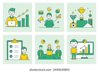 Ilustraciones vectoriales planas de conceptos de negocios y marketing, análisis, planificación, investigación de marketing, comunicación de trabajo y establecimiento de objetivos. Gente lanzando proyectos y estudiando informes.