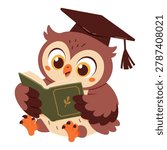 Flat vector illustrations in children style. Cute cartoon owl characters with in graduation hat, reading a book, online school mascot