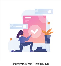 Flat vector illustrations concept of entrepreneur's activities. A Woman supervises and analyzes how the business works. Businesswoman planning his strategy vector.