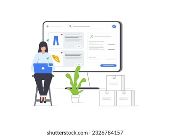 Flat Vector illustrations depict women using laptops to make purchases on various ecommerce platforms, showcasing the convenience and accessibility of online shopping.