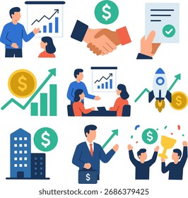 Ilustrações vetoriais planas que descrevem os conceitos de finanças empresariais, crescimento, sucesso, lançamento de start-ups, investimento e conquistas. Ideal para apresentações, Web e aplicativos.
