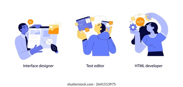 Flat vector illustrations depicting an interface designer, a text editor in use, and an HTML developer with gears and code icons.