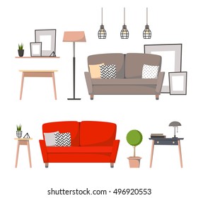 Flat vector illustrations - Design elements of home interior (sofa, curbstone, floor lamp, paintings, houseplants, books). Stylish apartments in retro style.