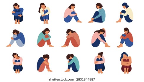 Flat vector illustrations of diverse people sitting and hugging knees
