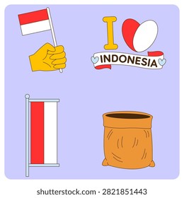 Flat vector illustrations featuring the Indonesian flag, a patriotic love banner, and a gunny sack for traditional independence day games.