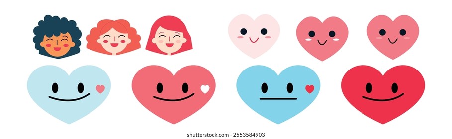 flat vector illustrations of happy and smiling faces love. Each face is adorned with heart shaped elements like hearts or love symbols