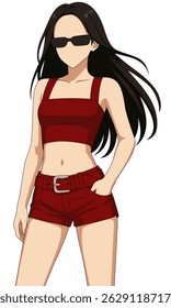 Flache Vektorgrafiken eines koreanischen Pop-Idol-Tanzes. Koreanische Tänzerin mit Choreografie. Idol Gruppe weiblich tragen sexy rote Outfit. Schönes Girl-Band-Mitglied mit ästhetischer Mode.