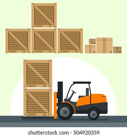 flat flat vector illustrations loading boxes by forklift truck
