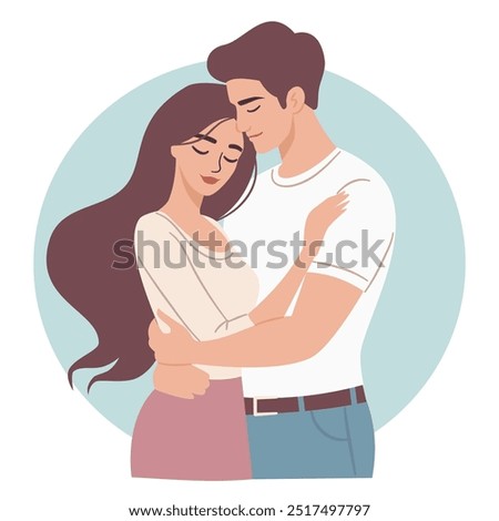 Flat vector illustrations. Man and woman embracing and loving each other