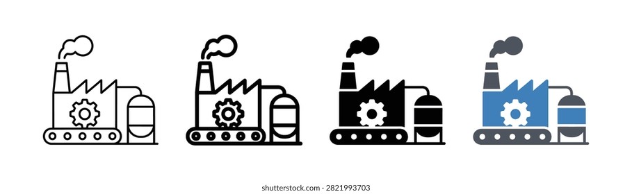 Flat vector illustrations of modern industrial production facilities, manufacturing plants, automated assembly lines, and industrial buildings for business and engineering designs
