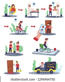 Flat vector illustrations showing customer order and delivery process. Delivery workers doing their work. Food service