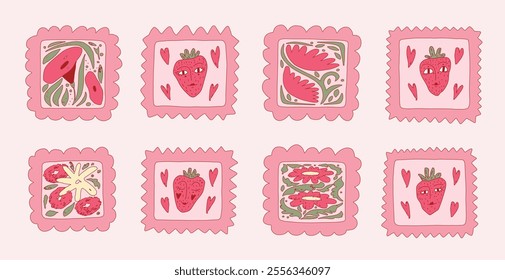 Flat vector illustrations. Strawberry and floral elements, decorative frames. Perfect for cards, invitations and patterns. Simple shapes, minimalistic style, hand-drawn look. Natural motifs, pink