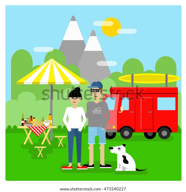 Flat vector illustrations of summer picnic\
with people, dog and car. Happy family picnic vacation. Icon set of\
summer picnic items for web banners, promotional materials,\
presentation templates.