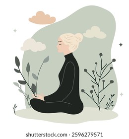 Flat vector illustrations of woman in meditating yoga poses, each with soft pastel colors and minimalistic designs. With plants and nature elements