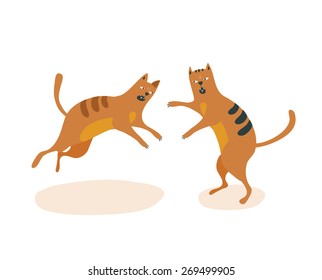 Flat vector illustrator of funny angy red fighting cats