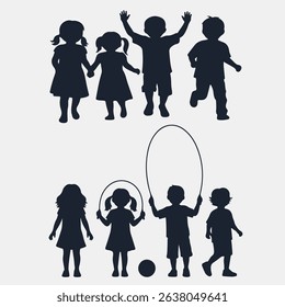 Flat vector illustrator silhouette of icons, children playing, white background