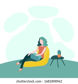 Flat vector ilustration of woman sitting with laptop on soft beanbag chair near small table with plant in pot on it. Concept of stay at home, quarantine, online education, studying or relaxing.