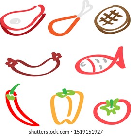 Flat vector image of barbecue products on white background