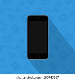 Flat vector image of black modern smartphone with long shadow